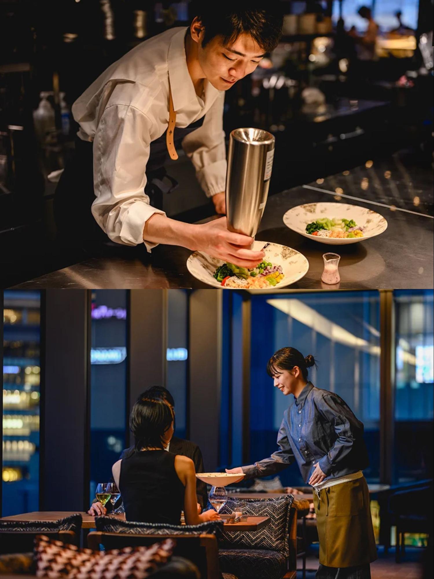 ダイニングバーで接客するレストランスタッフ